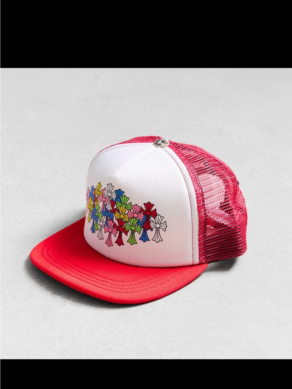 Chrome Hearts Red Mesh Trucker Hat with Colorful Multi Cross Design
